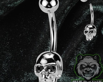 14g Solid Polished 316L Surgical Steel Halloween Skull CZ Gem Eyes Skeleton Double Round Belly Button Navel Ring