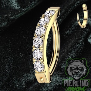 Anel de umbigo com 12 mm e 14 g de titânio ASTM F136 com pedras preciosas brancas de zircônia cúbica e grau de implante, com articulação e clique | Banhado a ouro PVD