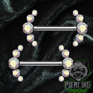 Pair of 14g 14mm Implant Grade Titanium Nipple Barbells with Graduating AB Rainbow CZ bezel Set Internal Thread Ends