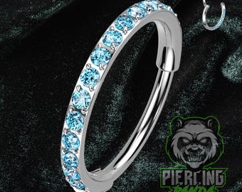 Pendiente de aro para piercing de nariz, hélix y cartílago, de titanio ASTM F136, con gema de circonita cúbica, con segmento abisagrado, color azul agua, 20 g