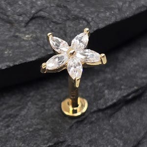 16 g 18 g 8 mm 14 carats or jaune massif Marquise CZ Gem Star dos plat Labret Tragus Monroe Philtrum Cartilage Stud Piercing Barbell