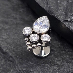 Titanium ASTM F136 Royal CZ White Cluster Threadless Top Labret Barbell Piercing Conch Flat Cartilage Helix Labret Monroe