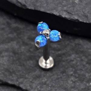 16g Titanium ASTM F136 Implant Grade Internal Threads Labret Flat back Studs Tri Trinity Blue Opal Stone Cluster