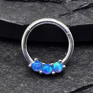 16 g, trio d'opales bleues, 8 mm, acier chirurgical 316L, segment articulé, septum Helix, cartilage, anneaux de piercing Daith