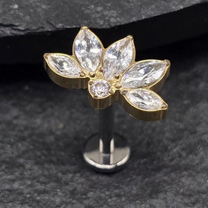 Può includere: Un piercing per labbra color oro con un design floreale. Il piercing presenta un gruppo di cristalli trasparenti taglio marquise e un piccolo cristallo rosa rotondo al centro. L'asta è color argento.