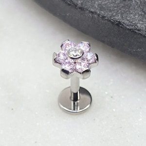 Titanium ASTM F136 Threadless Pink CZ Gem Flower Top Piercing Jewelry Conch Flat Cartilage Helix Labret Monroe
