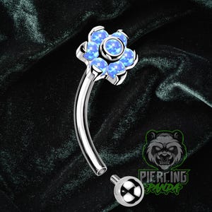16g Titanium ASTM F136 Internal Thread Blue Opal Gem 5mm Flower Round Top Piercing Curved Rook Eyebrow Vertical Labret Ashley Piercing