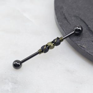 14g 16g Matte Olive Black Glass Black Plated Industrial Barbell Scaffold Piercing Jewelry 32mm, 35mm, or 38mm 1.6mm