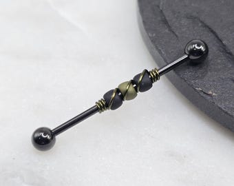 14g 16g Matte Olive Black Glass Black Plated Industrial Barbell Scaffold Piercing Jewelry 32mm, 35mm, or 38mm 1.6mm
