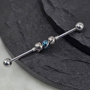 14g 16g Teal Silver Beaded Wrapped Industrial Barbell Scaffold Cartilage Piercing Jewelry (32mm, 35mm, or 38mm!)