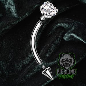 16g Titan ASTM F136 Spikes & 4mm weißer CZ Gem Curved Barbell mit Innengewinde | Rook Ashley Vertikales Labret Augenbrauen Piercing