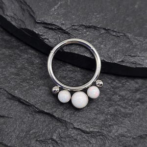 16g Titanium ASTM F136 White Opal Bezel Implant Grade Stone Hinged Segment Clicker Septum Helix Piercing Cartilage Daith Hoop Piercing Ring