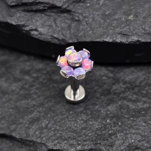 16g Titanium ASTM F136 Implant Grade Internal Threads Labret Flat back Studs Purple Opal Stone Cluster Flower