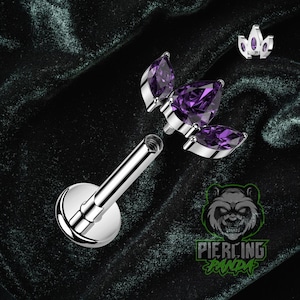 16g チタン ASTM F136 内ネジ 3石 パープルアメジスト メデューサ トラガス ヘリックス コンク 軟骨 イヤリング ラブレット バーベル