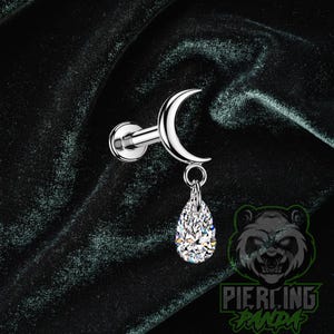 16g Titanium ASTM F136 Internal Thread Moon With Dangling Pear CZ Gem Top Piercing Conch Flat Cartilage Helix Labret Monroe