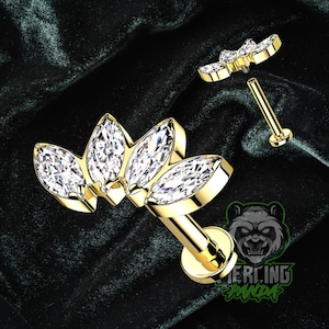 16g Titanium Implant Grade Internally Threaded Labret Flat back Studs with 4 Marquise Fan CZ Gems Gold PVD Plating