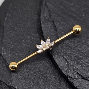 14g 16g vintage deco edelsteen industriële barbell piercing 32 mm 35 mm 38 mm buitendraad goud PVD verguld 316l chirurgisch staal
