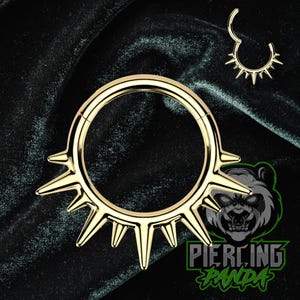 May include: Gold-colored piercing jewelry with a sunburst design. The jewelry features a circular shape with multiple pointed spikes around the edge. A smaller, matching piece is also visible. The background is a dark, textured fabric.