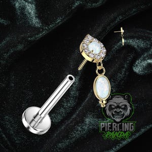 Piercing de oro de 14 quilates sin rosca, doble colgante elegante de ópalo blanco con titanio ASTM F136, barra plana para labio, caracola, trago, cartílago, hélice, nariz