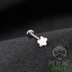 May include: A silver-toned metal labret stud featuring a flat, five-petaled flower-shaped top. The jewelry consists of a straight post with a circular base at the end, designed for body piercing. The surface of the metal has a smooth, polished finish.