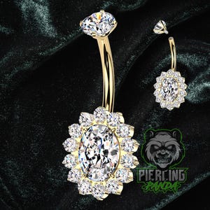 Piercing de umbigo com rosca interna de titânio ASTM F136, 14g, zircônias cúbicas brancas, banho de ouro PVD, cravação dupla em garras.