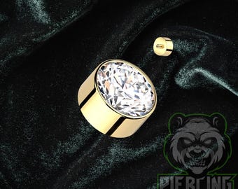 14g Replacement Titanium Gold ASTM F136 Bezel Round White CZ Gem Implant Grade Internal Threads Top