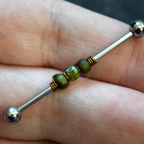 14g 16g Matte Olive Green Turquoise Glass Beaded Industrial Barbell Scaffold Piercing Jewelry Glass Wiring Centerpiece