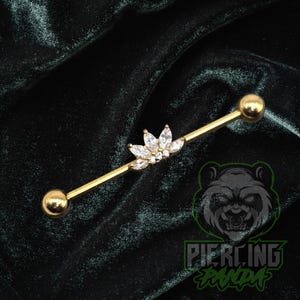 14g 16g Vintage Deco Gem Industrial Barbell Piercing 32mm 35mm 38mm External Thread Gold PVD Plated 316l Surgical Steel