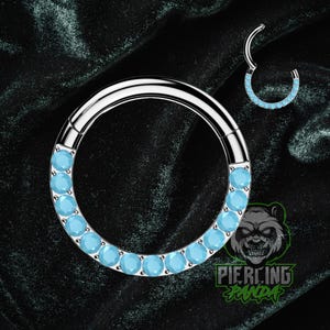 Anillo de titanio ASTM F136 de 16 g con gemas turquesas y circonitas cúbicas, para implantes, con segmento articulado, para piercing de tabique, hélix y cartílago.