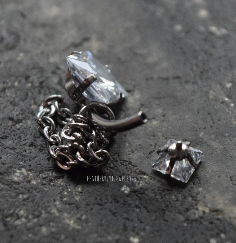 Square CZ Prong Set with Internally threaded Double Jewel 316L Surgical Steel Belly Button Navel Rings