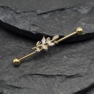 14g 16g Gold Leaf CZ Charm Industrial Scaffold Piercing Barbell 316L Surgical Steel External Thread