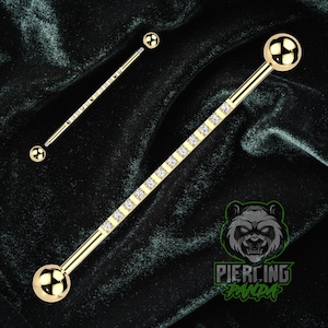 14g Titanium ASTM F136 White Gems Gold PVD Plated Industrial Scaffold Piercing Barbell External Thread