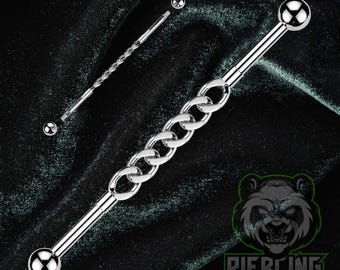 14g 38mm Bendable 316L Industrial Barbell With Cuban Style With Connector Chain