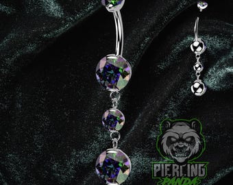 14g Titanium ASTM F136 Large Dangling Dark AB Vitrail Gems Implant Grade Internally Threaded Prong Set Round Belly Button Navel Ring
