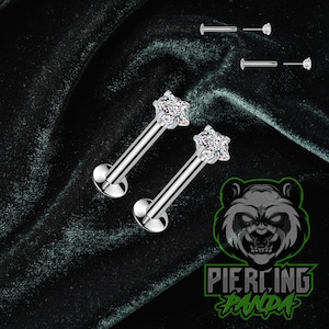 May include: Two silver lip piercing studs with star-shaped clear crystal tops. The image also shows two additional studs with smaller clear crystal tops. The logo "Piercing Panda" is visible in the bottom right corner.