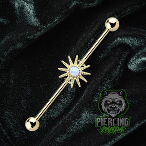 14g 16g Sun White Opal Industrial Barbell Piercing 32mm 35mm 38mm External Thread Gold PVD Plated 316l Surgical Steel