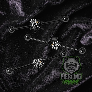 Piercing industrial tipo andamio con forma de araña de Halloween, IP negro, 14 g, 16 g, 1,6 mm, 1,2 mm (32 mm, 35 mm o 38 mm)