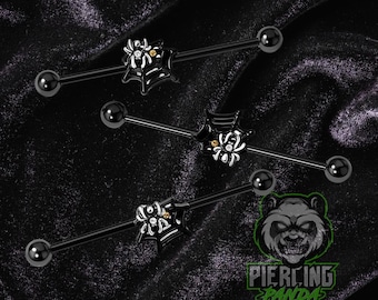 14g 16g Halloween Spider Black IP 1.6mm 1.2mm Industrial Barbell Scaffold Piercing Jewelry (32mm, 35mm, or 38mm)