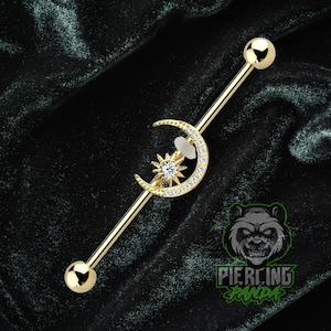 14g 16g Moon White CZ Gems Industrial Barbell Piercing 32mm 35mm 38mm External Thread Gold PVD Plated 316l Surgical Steel