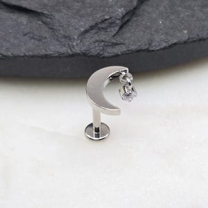 16g Titanium ASTM F136 Internal Thread Large Moon Dangling Gem Small Flat Back Disc Tragus Helix Conch Cartilage Earring Labret Barbell