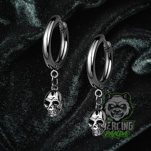 Pair of Skulls Dangling Solid Steel Black PVD Plated Hinged Segment Clicker Helix Earrings Cartilage Piercing Hoop Rings Halloween