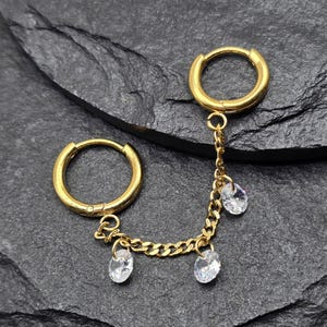 18g 8mm & 10mm Dangling Chain CZ Polished 316L Surgical Steel Gold PVD Tragus Helix Conch Cartilage Earrings Piercing Hoop Rings