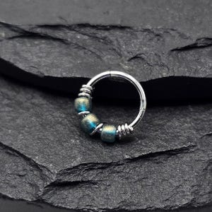 18g 20g 8mm 10mm BlueGreen Bead Glass Hinged Cut Ring Beaded Wire Wrapped Handmade Segment Hoop Rings Nose Earring Lobe Piercing 5/16"
