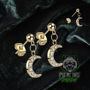 Pair of 20g Dangling Ball Gold PVD Plated Solid Steel Moon White CZ Gems Hinged Segment Clicker Helix Earrings Cartilage Piercing Hoop Rings