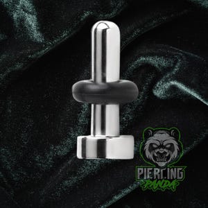 May include: A silver-colored, metal butt plug with a rounded top and a black rubber ring. The base is square. The background is a dark green, velvet-like fabric. The logo "Piercing Panda" is in the bottom right corner.