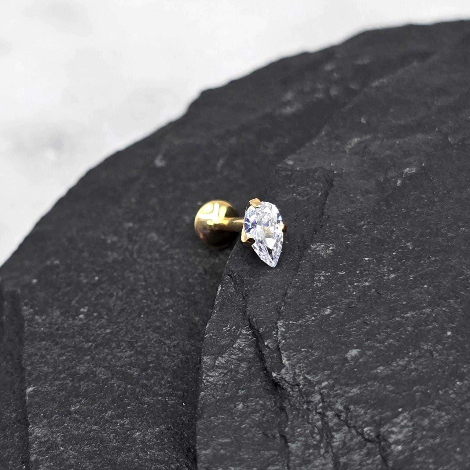 16g ASTM F136 Titanium Internal Thread Gold PVD Pear Teardrop White CZ ...