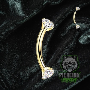 Piercing al sopracciglio curvo in titanio da 16 g, grado ASTM F136, PVD oro, filettatura interna, punte CZ / Rook