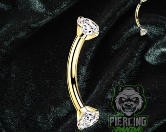 16g Titanium Implant Grade ASTM F136 Gold PVD Curved Barbell Internal Threads Prong Set Cz Ends | Rook Eyebrow Piercing