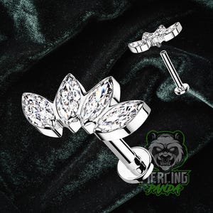 16g Titanium Implant Grade Internally Threaded Labret Flat back Studs with 4 Marquise Fan CZ Gems