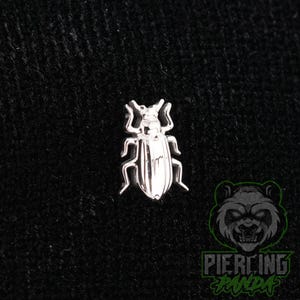 May include: A silver-toned beetle-shaped body jewelry piece with a polished metallic finish. The insect design features detailed legs and a segmented body structure. A green logo with a panda illustration and the text PIERCING PANDA is visible.